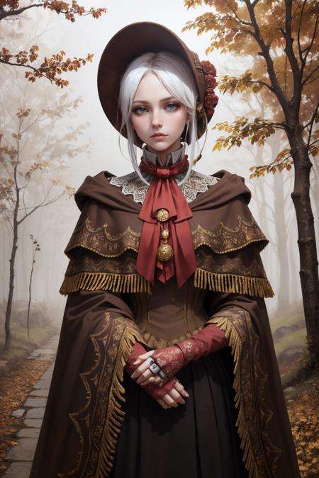 masterpiece, best quality, plaindoll, white hair, doll joints, bonnet, brown cloak, long dress, red ascot, autumn, forest, fog, dead trees, looking at viewer, cowboy shot, own hands together, emotionless, muted color, desaturated <lora:plaindoll-nvwls-v1-000010:0.9>