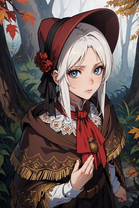 masterpiece, best quality, plaindoll, white hair, doll joints, bonnet, brown cloak, long dress, red ascot, autumn, forest, grey skies, dead trees, looking at viewer, upper body, from above, emotionless, muted color, desaturated <lora:plaindoll-nvwls-v1-000010:0.9>