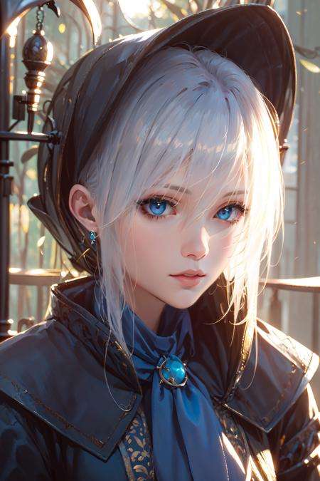 (masterpiece:1.2), best quality,game art,solo, 1girl,  solo, female focus, letterboxed, white hair, close-up, portrait, blue eyes, eye focus <lora:Maria_20230713095622-000016:0.8>