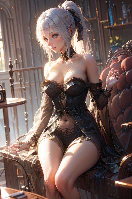 nsfw,(masterpiece:1.2), best quality,game art,sitting, 1girl, nude,high ponytail, white hair, <lora:Maria_20230713095622-000016:0.8>