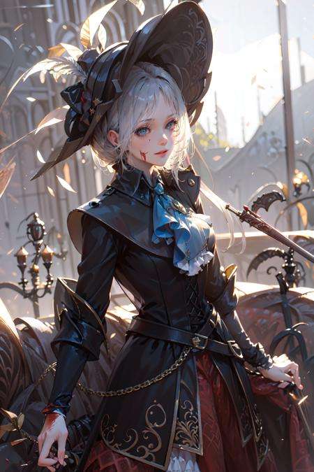 (masterpiece:1.2), best quality,game art,1girl, solo, hat, blood, grey hair, ascot, white hair, long hair, hat feather, tricorne,doll, Puppet joint, <lora:Maria_20230713095622-000018:0.8>