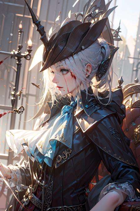 (masterpiece:1.2), best quality,game art,1girl, solo, hat, blood, grey hair, ascot, white hair, long hair, hat feather, tricorne,doll, Puppet joint, <lora:Maria_20230713095622-000018:0.8>