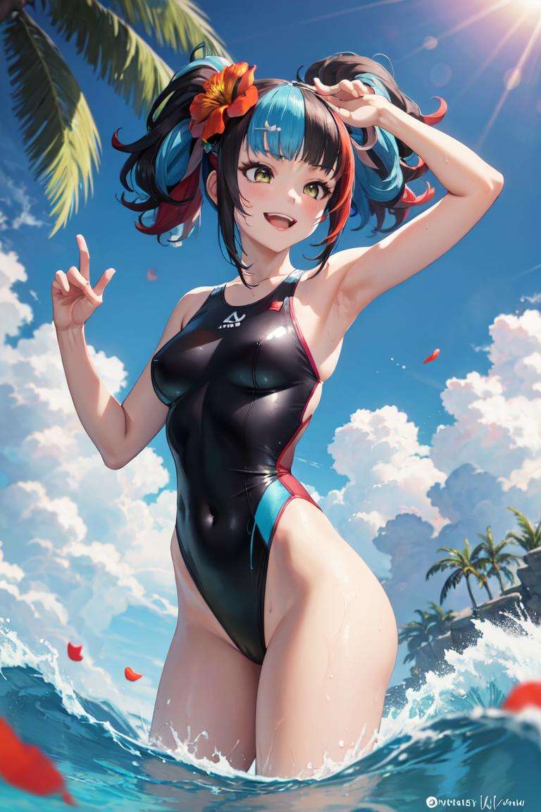 masterpiece, best quality, absurdres, perfect anatomy, 1girl, solo, SeiShonagon, outdoors, beach, one-piece swimsuit, sleeveless, smile, laughing, palm tree, petals, sun, clouds, ocean, waves, hair flower, <lora:SeiShonagon:0.9>