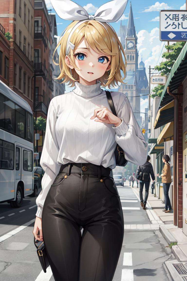 masterpiece, best quality, absurdres, perfect anatomy, 1girl, solo, Kagamine Rin, short hair, bow, sweater, ribbed sweater, long sleeves, high-waist pants, outdoors, city