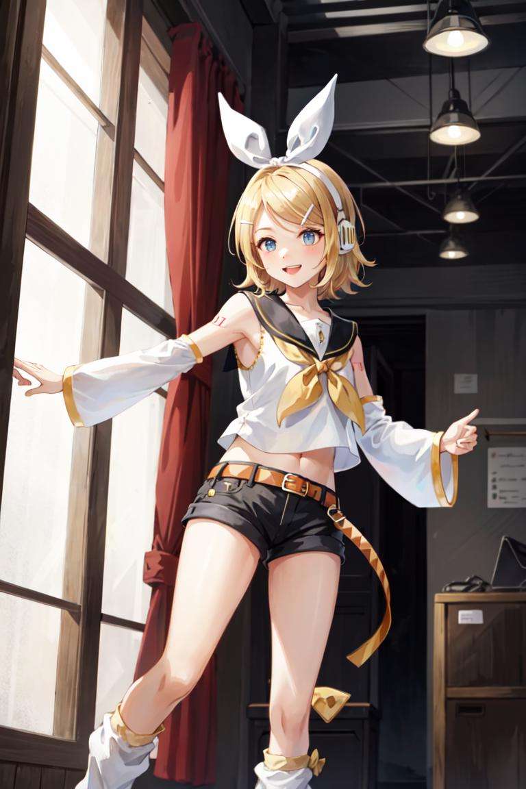 masterpiece, best quality, absurdres, perfect anatomy, 1girl, solo, Kagamine Rin, short hair, hair ribbon, number tattoo, bow, white shirt, detached sleeves, belt, sailor collar, headphones, shorts, leg warmers, standing, smile, cowboy shot, indoors, on stage, lights