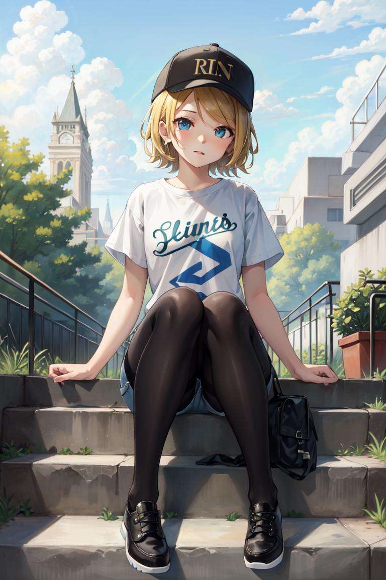 masterpiece, best quality, absurdres, perfect anatomy, 1girl, solo, Kagamine Rin, short hair, baseball cap, graphic tee, denim shorts, pantyhose under shorts, sitting, stairs, outdoors, city
