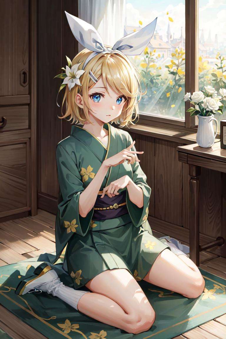 masterpiece, best quality, absurdres, perfect anatomy, 1girl, solo, Kagamine Rin, short hair, hair ribbon, indoors, kimono, hair flower, floral print, wariza, sitting, hands on own knees 