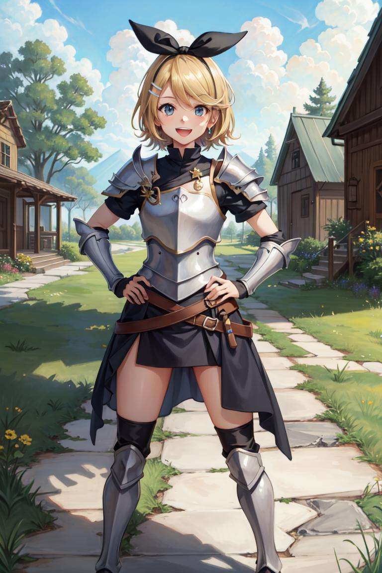 masterpiece, best quality, absurdres, perfect anatomy, 1girl, solo, Kagamine Rin, short hair, hair ribbon, fantasy, jewelry, leg armor, armored dress, armor, paladin, gold-trim, smile, :d, hands on own hips, village, outdoors