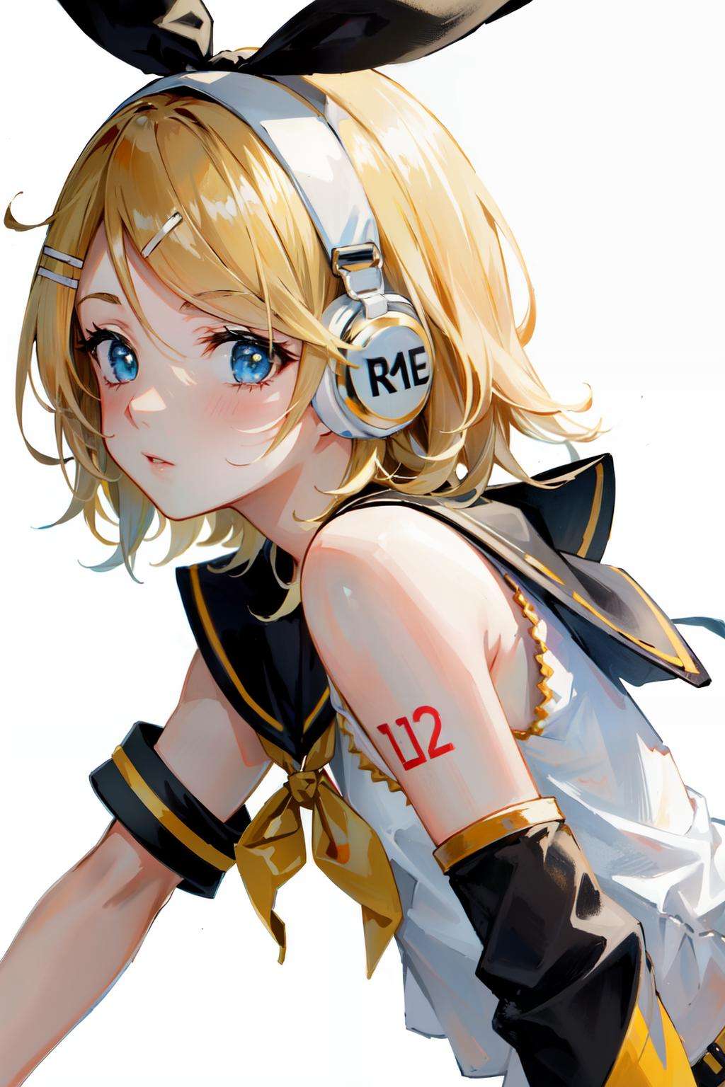 masterpiece, best quality, absurdres, perfect anatomy, 1girl, solo, Kagamine Rin, short hair, hair ribbon, number tattoo, bow, white shirt, detached sleeves, sailor collar, headphones, close up, (upper body:1.2), from side