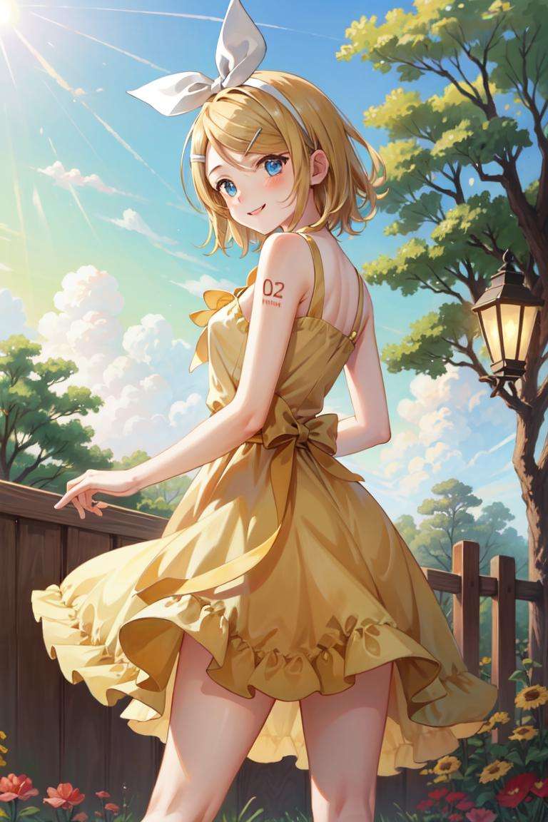 masterpiece, best quality, absurdres, perfect anatomy, 1girl, solo, Kagamine Rin, short hair, hair ribbon, arm tattoo, from behind, sundress, yellow sundress, garden, day, sunshine, smile, looking back