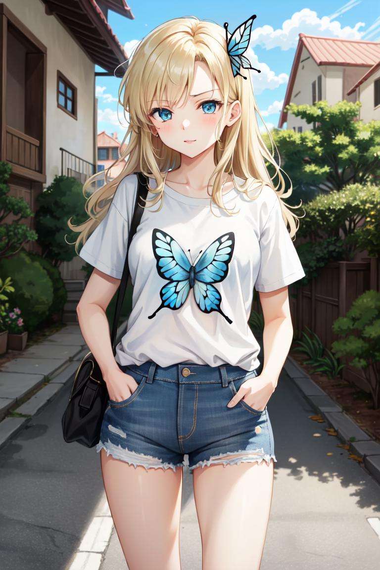 masterpiece, best quality, absurdres, perfect anatomy, 1girl, solo, Sena Kashiwazaki, long hair, butterfly hair ornament, graphic tee, denim shorts, standing, outdoors, city, hands in pockets