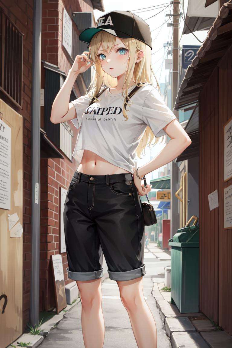 masterpiece, best quality, absurdres, perfect anatomy, 1girl, solo, Sena Kashiwazaki, long hair, baseball cap, stylish outfit, hip hop, midriff, night, alley, neon lights, confident stance