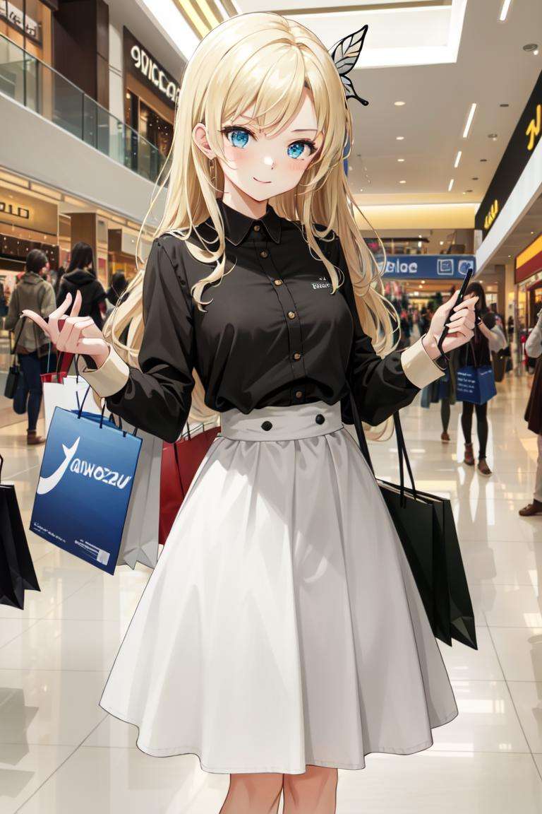 masterpiece, best quality, absurdres, perfect anatomy, 1girl, solo, Sena Kashiwazaki, long hair, butterfly hair ornament, high-waist skirt, long skirt, white skirt, black shirt, long sleeves, smile, standing, indoors, shopping mall