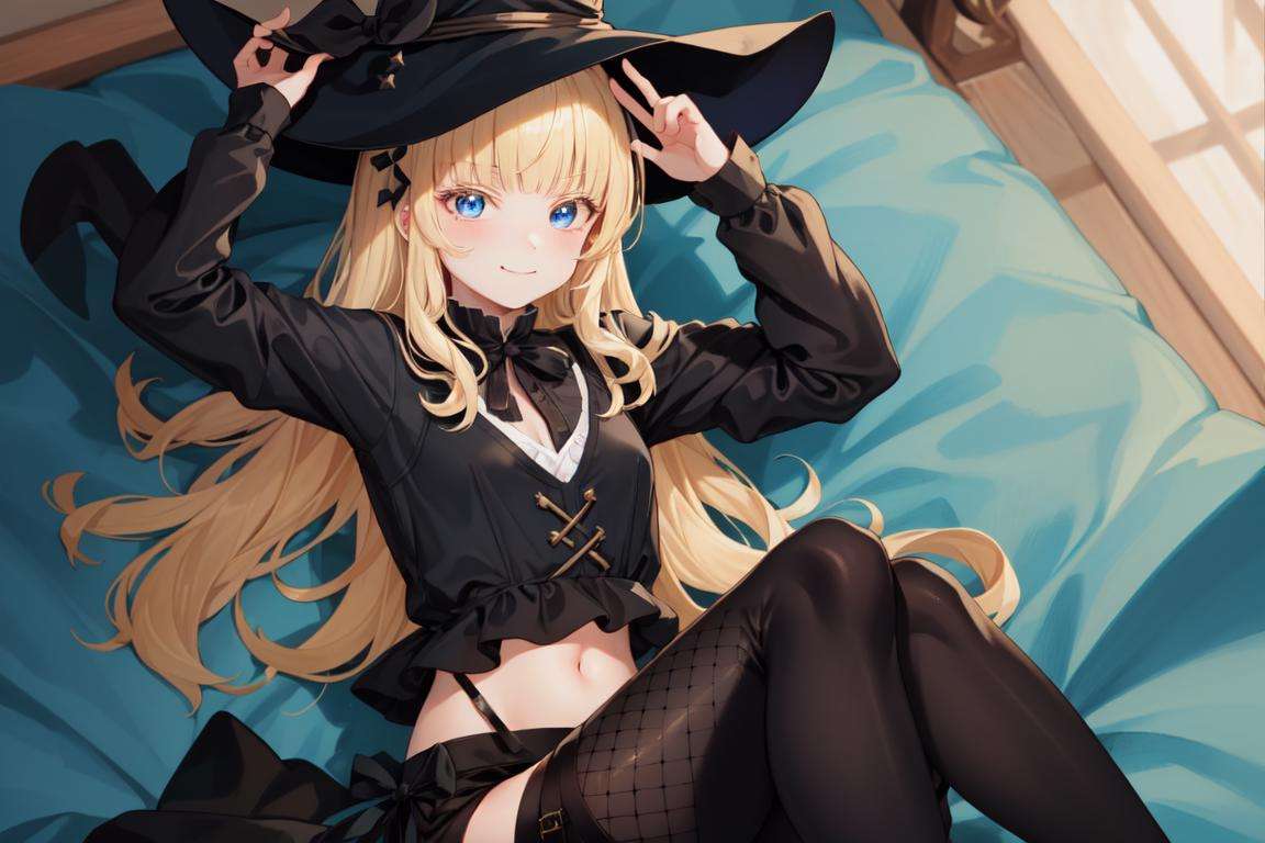 masterpiece, best quality, absurdres, perfect anatomy, cinematic lighting, JulietPersia, hair ribbon, blue eyes, 1girl, solo, witch, witch hat, (black dress, fishnet legwear, fishnets), navel cutout, indoors, on bed, lying, on back, arms up, smirk