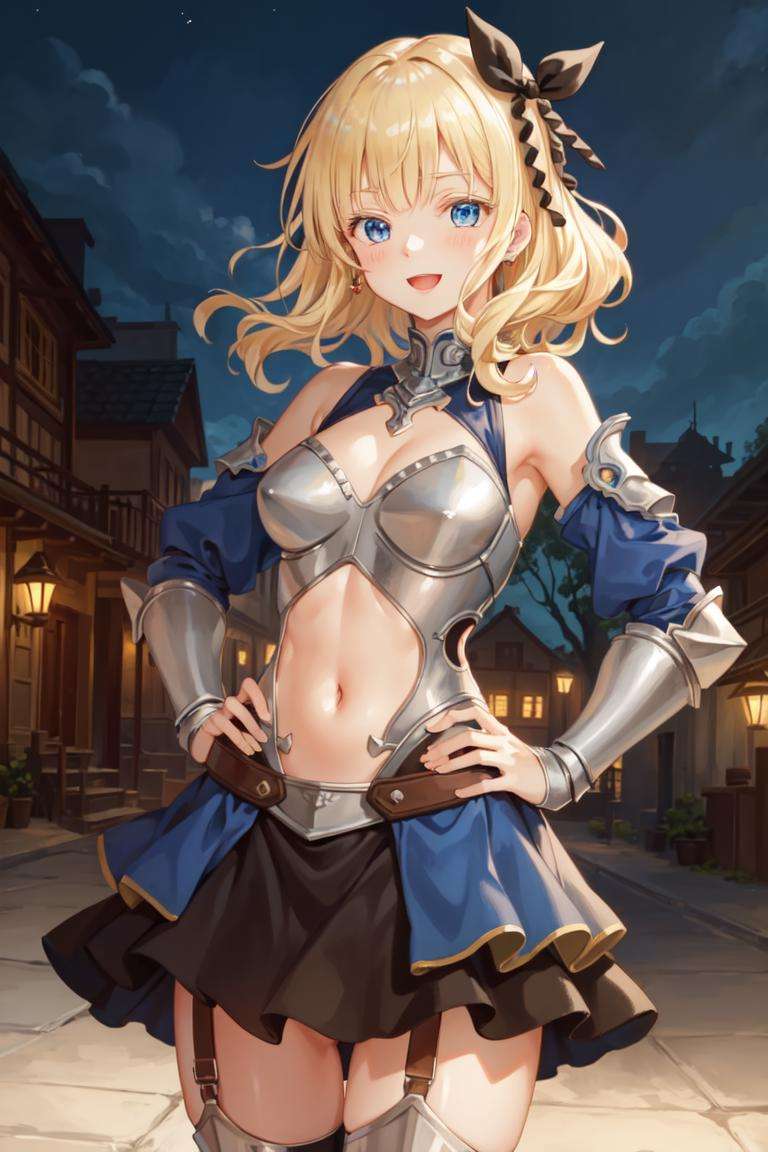 masterpiece, best quality, absurdres, perfect anatomy, cinematic lighting, JulietPersia, hair ribbon, blue eyes, 1girl, solo, breasts, fantasy, jewelry, leg armor, (navel cutout, armored dress:1.2), smile, :d, hands on own hips, village, outdoors, abs