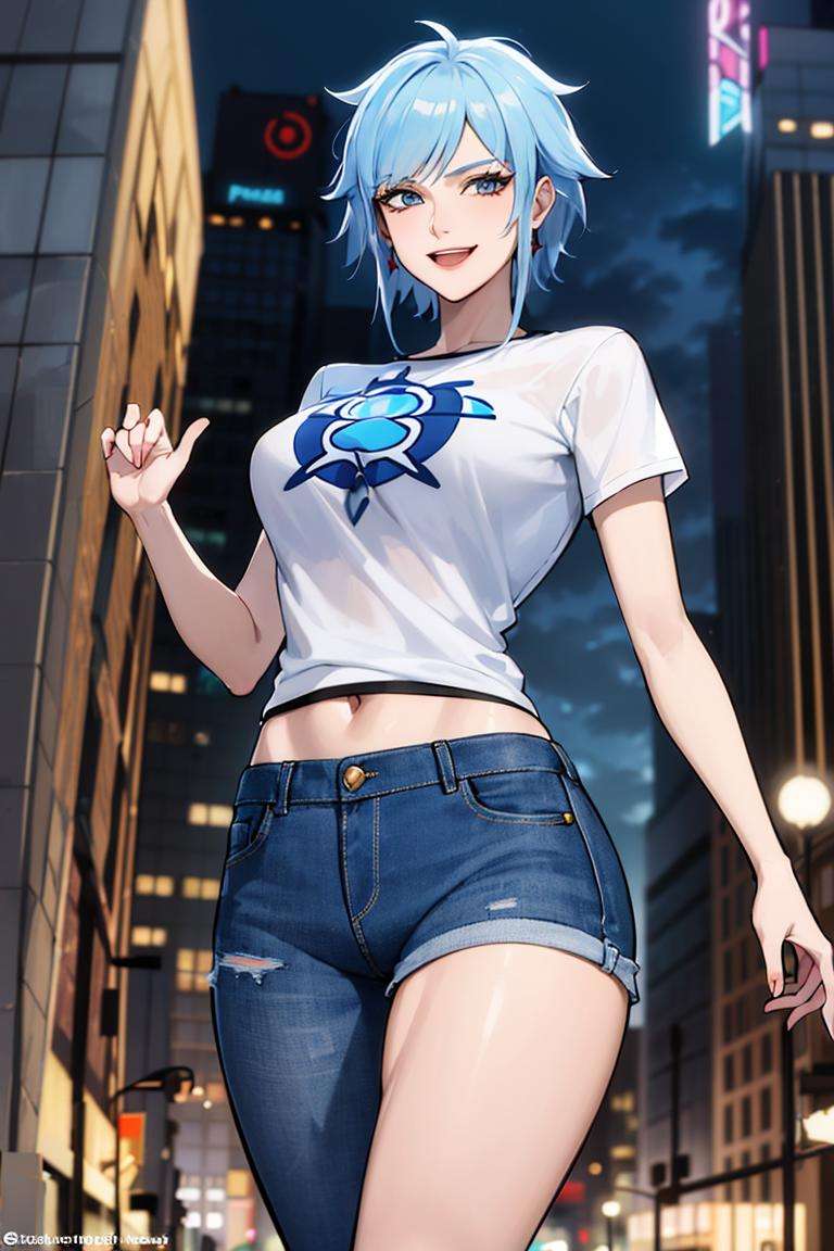 ((masterpiece,best quality)), absurdres, <lora:Killer_Frost_Assault_on_Arkham:0.6>, Killer_Frost_Assault_on_Arkham, solo, tshirt, denim jeans, smiling, looking at viewer, cowboy shot, modern city in background, cinematic composition, dynamic pose