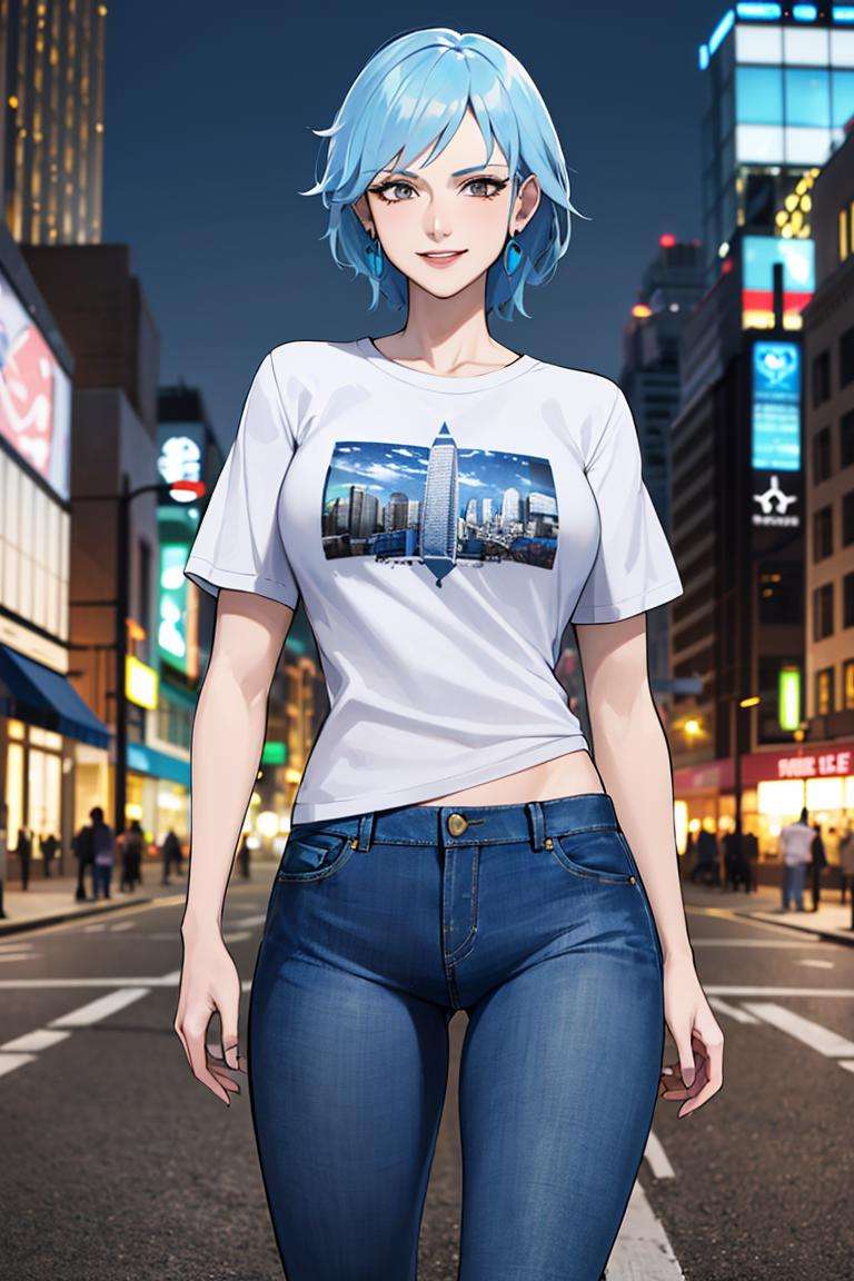 ((masterpiece,best quality)), absurdres, <lora:Killer_Frost_Assault_on_Arkham:0.6>, Killer_Frost_Assault_on_Arkham, solo, tshirt, denim jeans, smiling, looking at viewer, cowboy shot, modern city in background, cinematic composition, dynamic pose