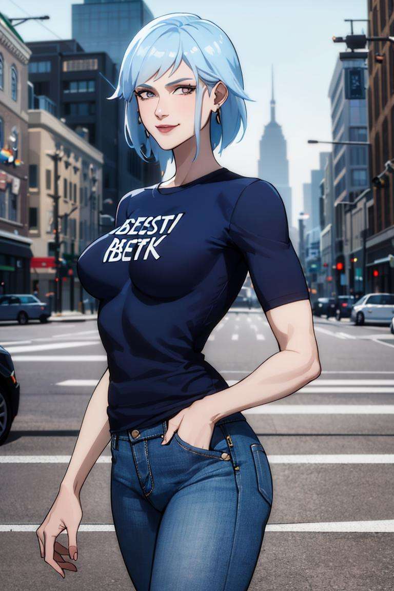 ((masterpiece,best quality)), absurdres, <lora:Killer_Frost_Assault_on_Arkham:0.7>, Killer_Frost_Assault_on_Arkham, solo, tshirt, denim jeans, smiling, looking at viewer, cowboy shot, modern city in background, cinematic composition, dynamic pose