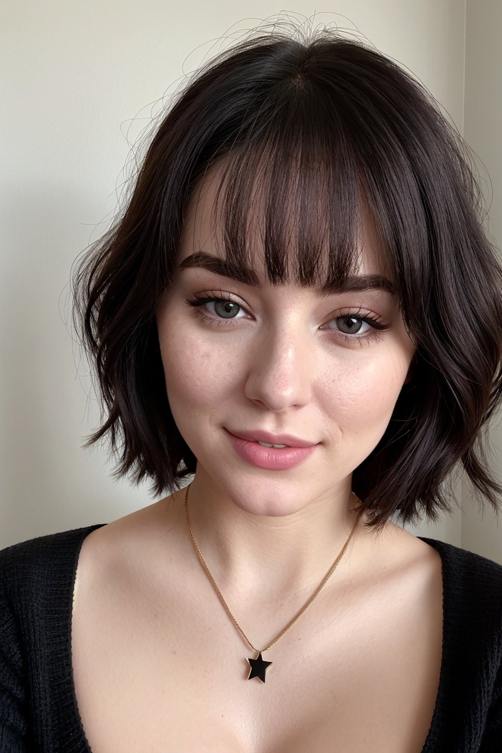 instagram photo, closeup face photo of 23 y.o Chloe in black sweater, cleavage, pale skin, (smile:0.4), hard shadows