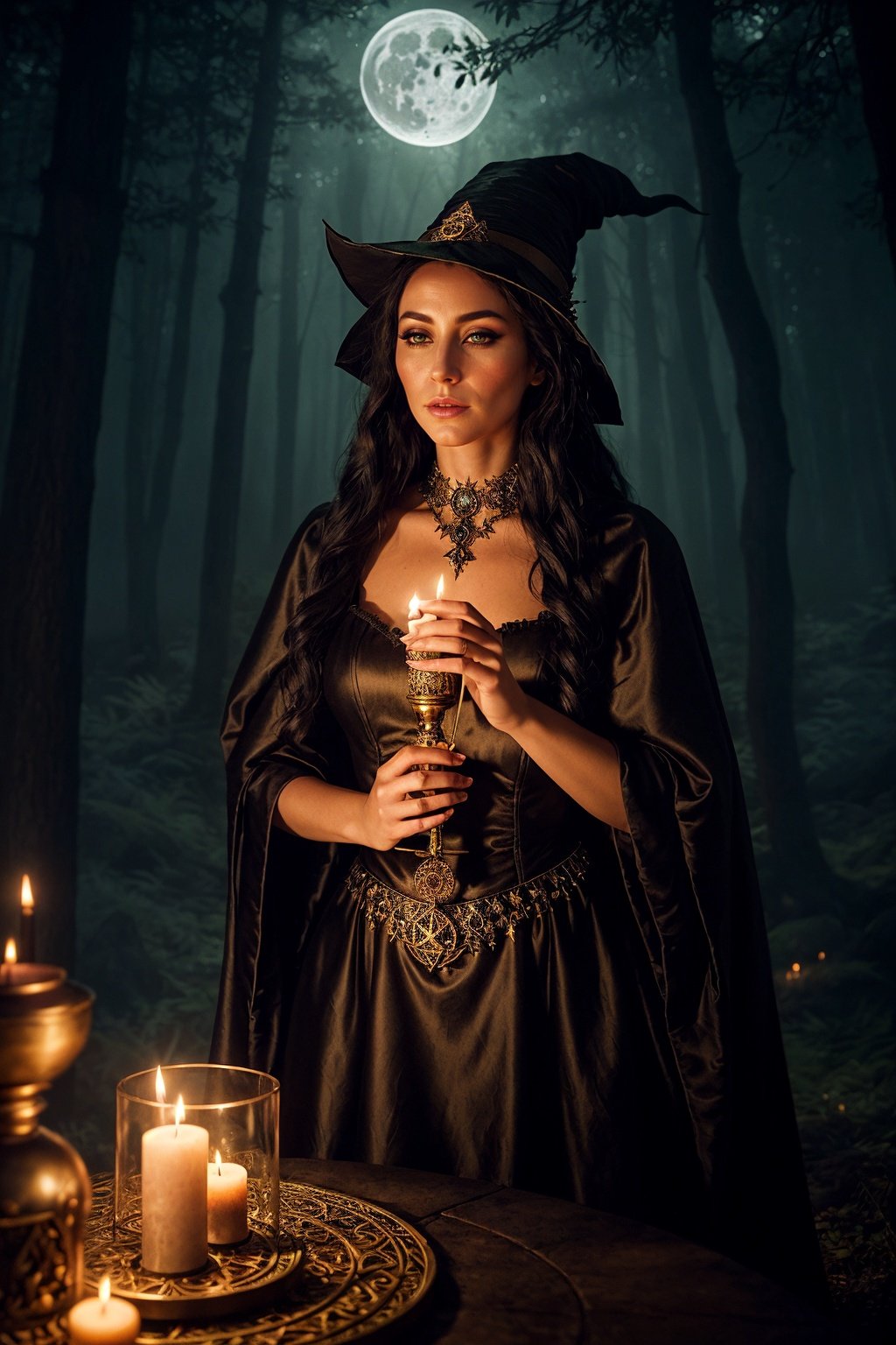 An artistic and enigmatic portrayal of a witch in her mystical realm. The witch should be depicted in an elaborate and intricate attire, surrounded by magical artifacts and symbols. The background can include elements of a potion-filled laboratory or a moonlit forest. The art style should blend realism with elements of mystery and magic, creating an aura of enchantment. The camera should use a medium telephoto lens (135mm) to focus on the witch's intricate details. The lighting should enhance the magical atmosphere. (enigmatic enchantress:1.3), (elaborate attire:1.15), (magical artifacts:1.1), (mystical realm:1.15), (mystery and magic:1.2), (medium telephoto lens:1.2), (magical lighting:1.15)