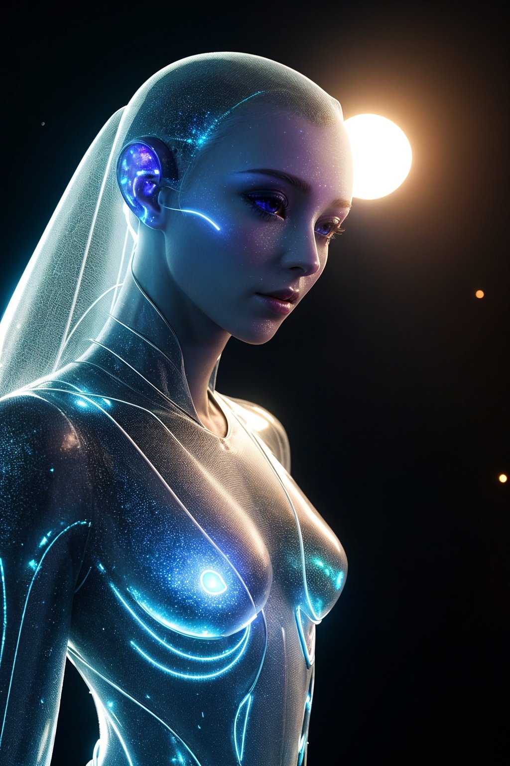 a translucent ethereal alien with delicate features in a sci-fi setting, glowing from within, sparks and lights, moonlight, moon, close-up, realistic, highly detailed, intricate