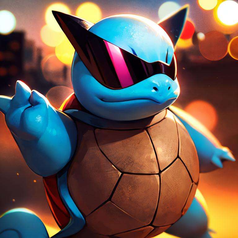 centered, award winning photo, (looking at viewer:1.2), | Squirtle_Pokemon, sunglasses,| city lights, | bokeh, depth of field, cinematic composition, |<lora:Squirtle_Pokemon:0.8>