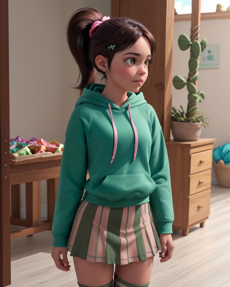 <lora:VRAMsVanellope:0.5>, xyzvanellope, 1girl, beautiful, brown hair, portrait, candy colors, pastel, solo, hair ornament, bow, hoodie, green hoodie, striped pantyhose, skirt, ponytail, futuristic