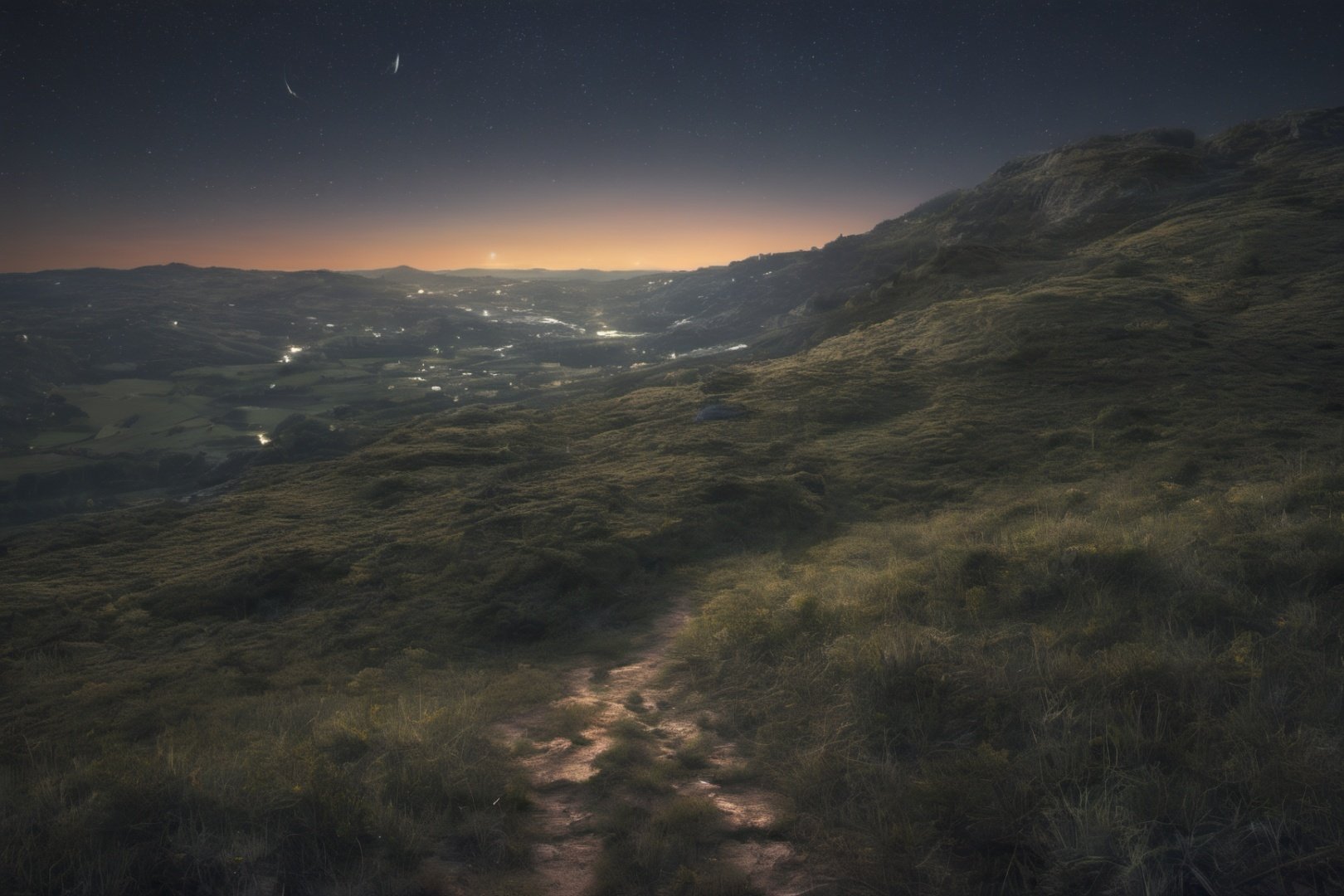 sky, realstic, star, highres, high detail, night, moon, mansterpiece, best quality, landscape, hills