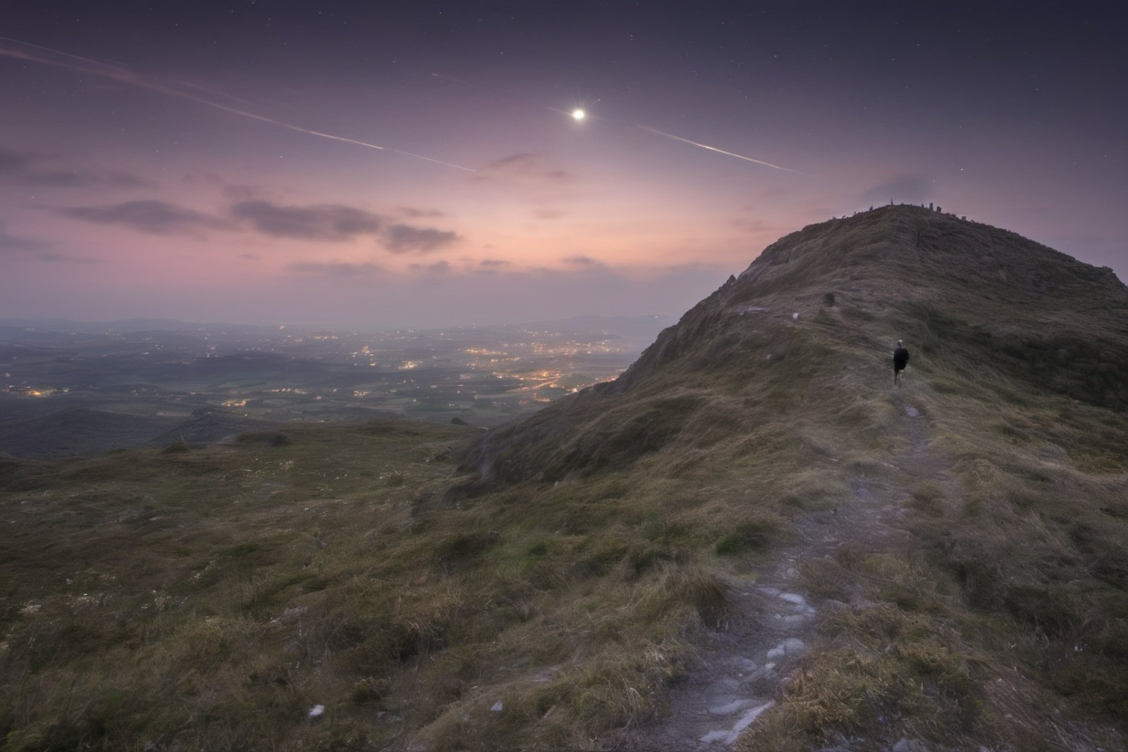 photo from hill, 1man standiong, beautiful sky, realstic, star, highres, high detail, night, moon, mansterpiece, best quality, landscape,