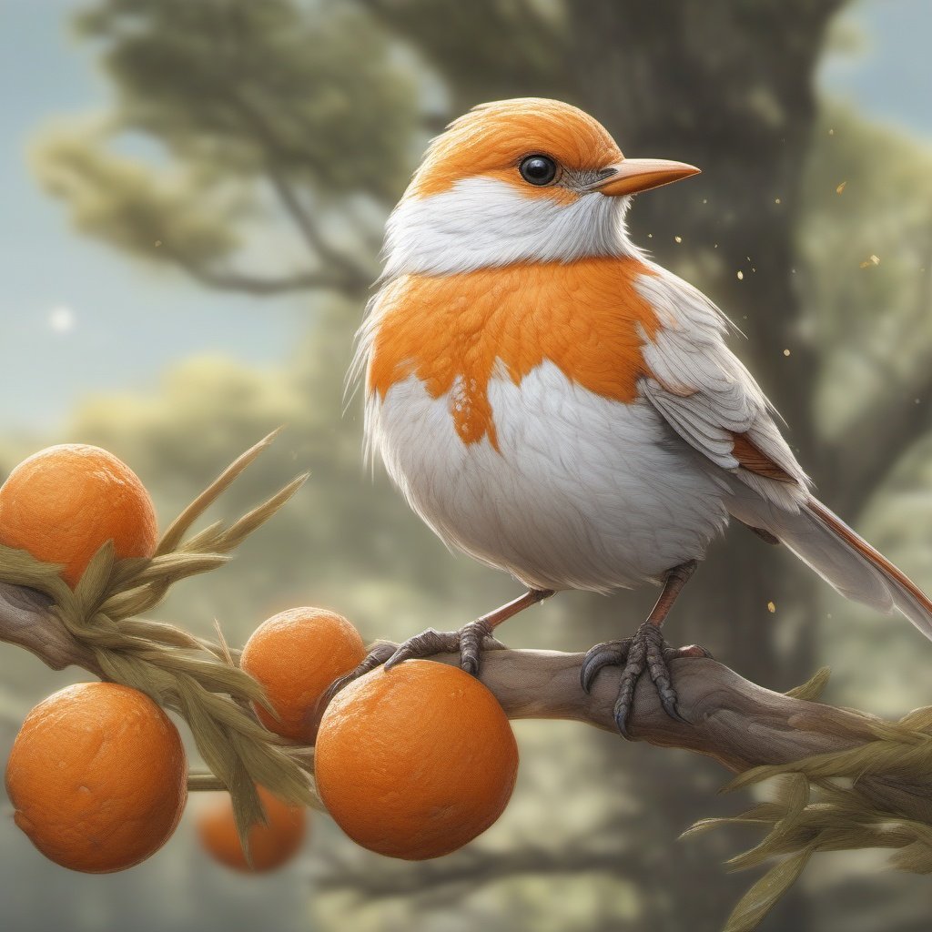 32k, 3d realistic anime art, digital painting. thin strokes, An orange and white-striped muffin bird perched on a branch, trending on artstation, sharp focus, studio photo, intricate details, highly detailed, by greg rutkowski.  fantasy watercolor