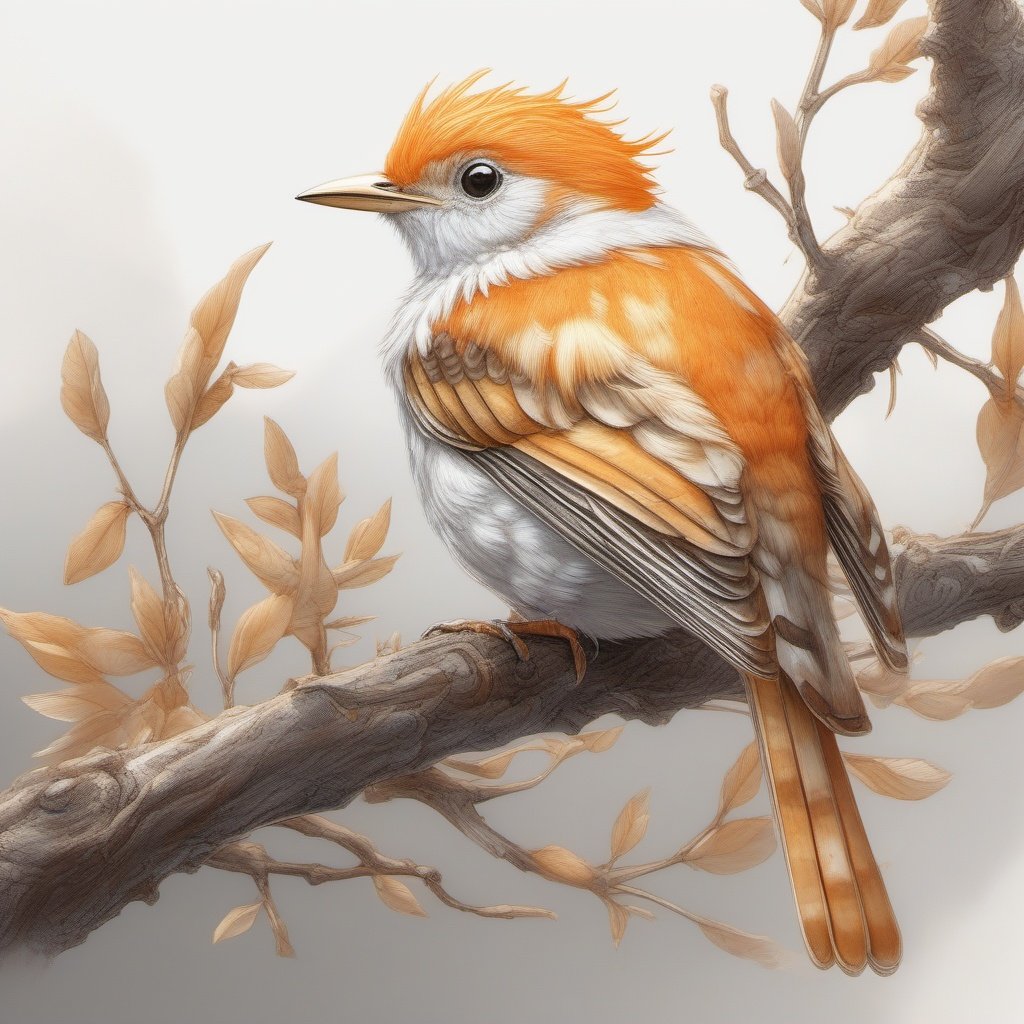 32k, 3d realistic anime art, digital painting. thin strokes, An orange and white-striped muffin bird perched on a branch, trending on artstation, sharp focus, studio photo, intricate details, highly detailed, by greg rutkowski.  fantasy watercolor