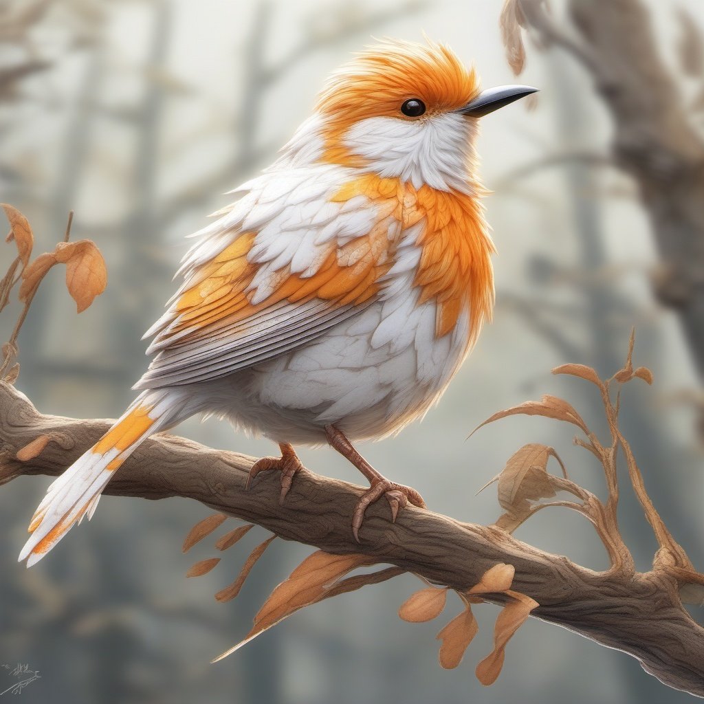 32k, 3d realistic anime art, digital painting. thin strokes, An orange and white-striped muffin bird perched on a branch, trending on artstation, sharp focus, studio photo, intricate details, highly detailed, by greg rutkowski.  fantasy watercolor