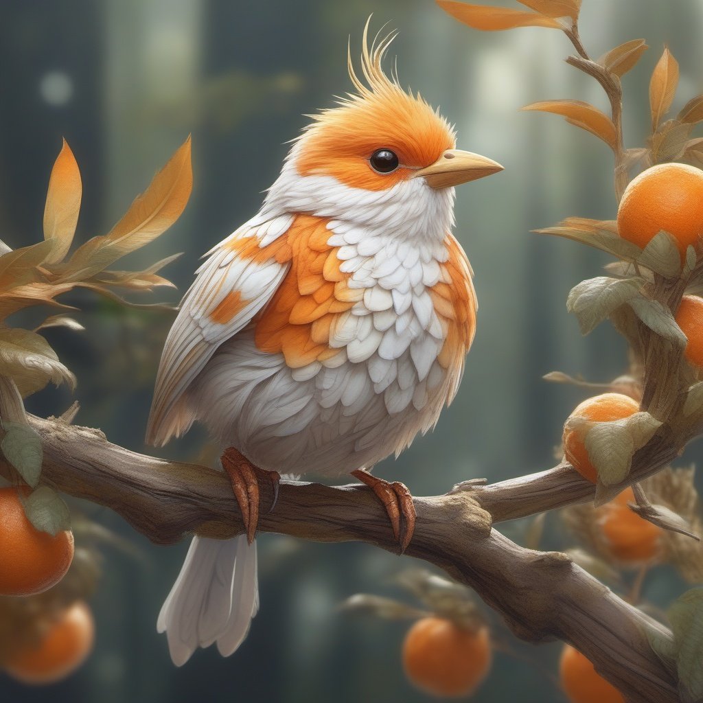 32k, 3d realistic anime art, digital painting. thin strokes, An orange and white-striped muffin bird perched on a branch, trending on artstation, sharp focus, studio photo, intricate details, highly detailed, by greg rutkowski.  fantasy watercolor