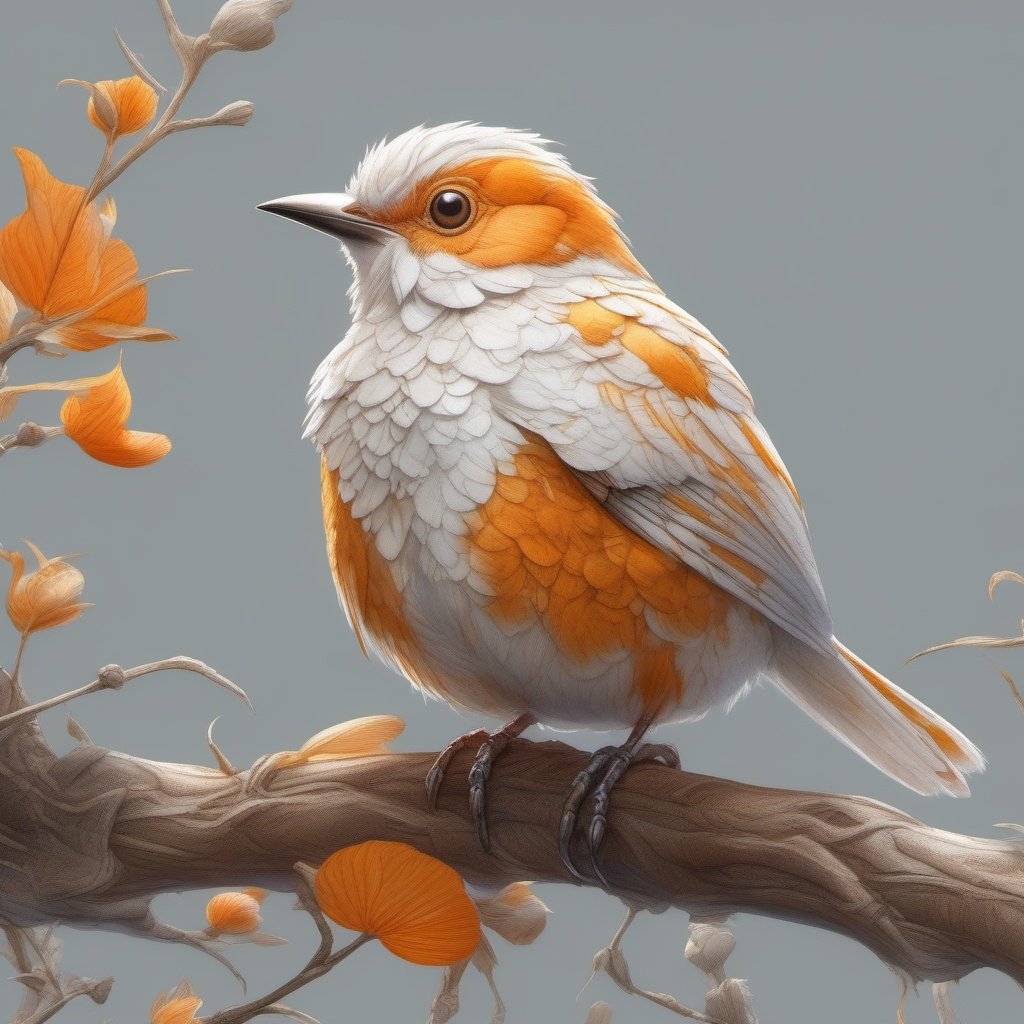 32k, 3d realistic anime art, digital painting. thin strokes, An orange and white-striped muffin bird perched on a branch, trending on artstation, sharp focus, studio photo, intricate details, highly detailed, by greg rutkowski.  fantasy watercolor