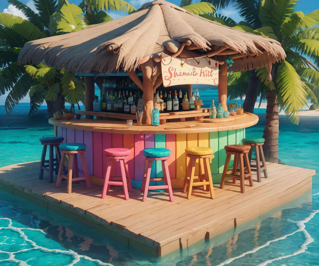 (masterpiece, best quality:1.3, 3d, highres, ultra-detailed, 8k, 85mm, centered, tilt shift, <lora:ISO_SHOP-18:0.9>, iso_shop, (isometric:1.3),  food, bottle, ocean, water, fish, cooking, cutting board, (small details), (extremely detailed), [hyperrealistic:0.2], bloom, (colorful), [[[sky]]], (sign:1.2), fish shop,  vivid, (UHDR), sunlight, (tropical), cute, [pastel colors], vivid, cinematic, [film grain:0.7], [table, chair], [small decorations], [beer:0.5], [bowl], [flower:0.4], tiki hut, bar, multicolored theme, natural lighting, dreamy, reflection, water, nature