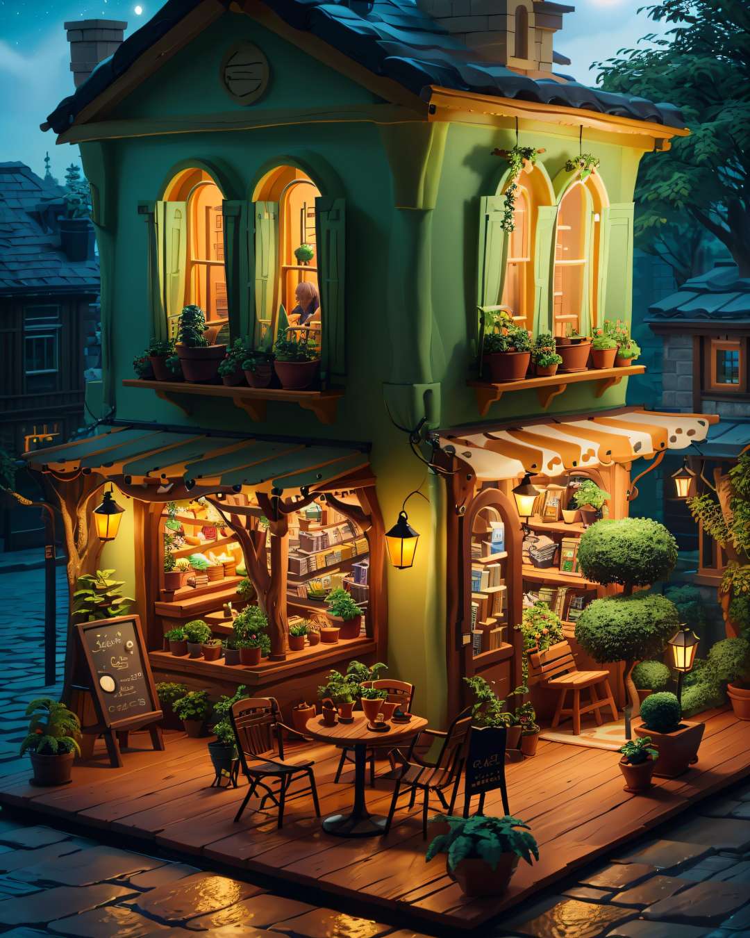 (masterpiece, best quality:1.3, highres, ultra-detailed, 8k, centered, <lora:ISO_SHOP-18:1.0>, iso_shop, (isometric), outdoors, indoors, tree, book, no humans, window, night, chair, table, plant, building, scenery, potted plant, lamp, cafe, (small details), (extremely detailed), [hyperrealistic:0.5], (tilt shift:0.6)