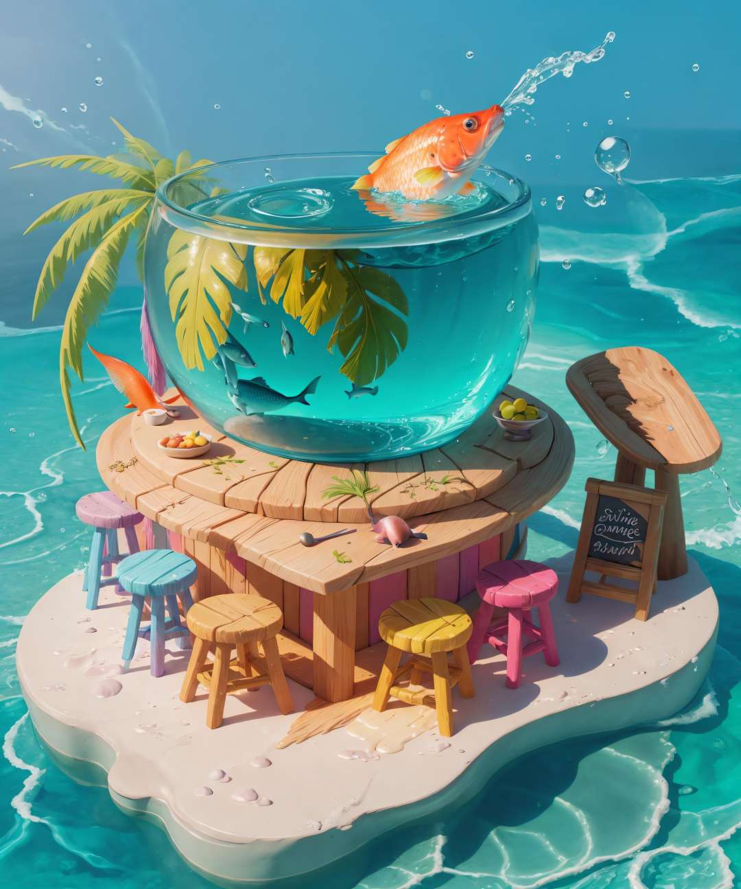 (masterpiece, best quality:1.3, 3d, highres, ultra-detailed, 8k, 85mm, centered, tilt shift, <lora:ISO_SHOP-18:0.9>, iso_shop, (isometric:1.3),  food, bottle, ocean, water, fish, cooking, cutting board, (small details), (extremely detailed), [hyperrealistic:0.2], bloom, (colorful), [[[sky]]], (sign:1.2), fish shop,  vivid, (UHDR), sunlight, (tropical), cute, [pastel colors], vivid, cinematic, [film grain:0.7], [table, chair], [small decorations], [beer:0.5], [bowl], [flower:0.4], multicolored theme, natural lighting, dreamy, reflection, water, nature