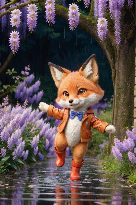 (dynamic pose:1.2),(dynamic camera),masterpiece, Whimsical adorable character, wide shot, extremely cute tiny fox going on adventure in the rain, beautiful scenery, wisteria flowers, spring time, red rain boots, big eyes, award winning, RAW photo, full sharp, (FullHD epic wallpaper) 8k uhd, dslr, soft lighting, high quality, film grain, Fujifilm XT3