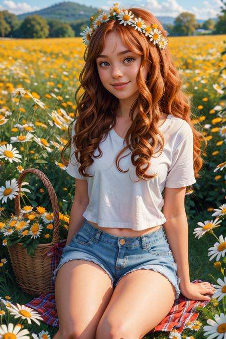 (girl:1.2),solo, (ginger curly long hair:1.1), brown eyes, wreath of daisies on her head, sitting in a field of daisies, smile, (fruit basket:1.1), blue shorts, red shirt, RAW photo, full sharp, (FullHD epic wallpaper) 8k uhd, dslr, soft lighting, high quality, film grain, Fujifilm XT3