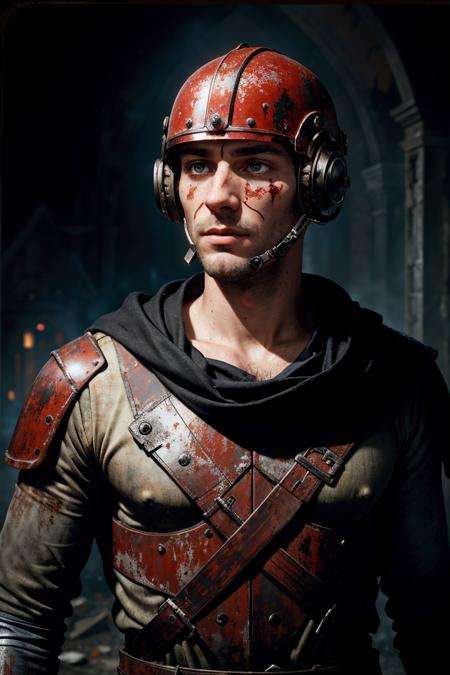 a tall, pale, sickly man sporting a blood-stained black iron torture helmet having poison glass ((and an exposed decayed chest)), set against a backdrop of dark and ominous old asylum illuminated solely by a single flashlight beam from the front, with the haunting ambience of cold dark lighting engulfing the scene, painterly, RAW photo, full sharp, (FullHD epic wallpaper) 8k uhd, dslr, soft lighting, high quality, film grain, Fujifilm XT3