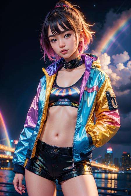 (dynamic pose:1.2),(dynamic camera),a person wearing a colorful jacket in the dark, by Yuumei, trending on pixiv, neo-fauvism, wojtek fus, visual of a cute girl, glowing rainbow face, RAW photo, full sharp, (FullHD epic wallpaper) 8k uhd, dslr, soft lighting, high quality, film grain, Fujifilm XT3