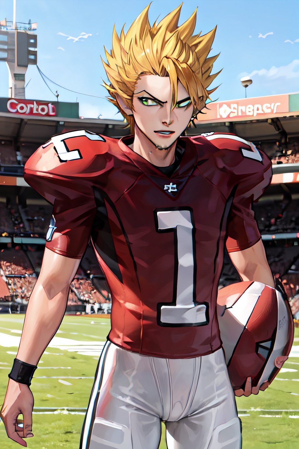 masterpiece, best quality, highres, youichi, 1boy, spiked hair, blonde hair, cowboy shot, green eyes, american footbal uniform