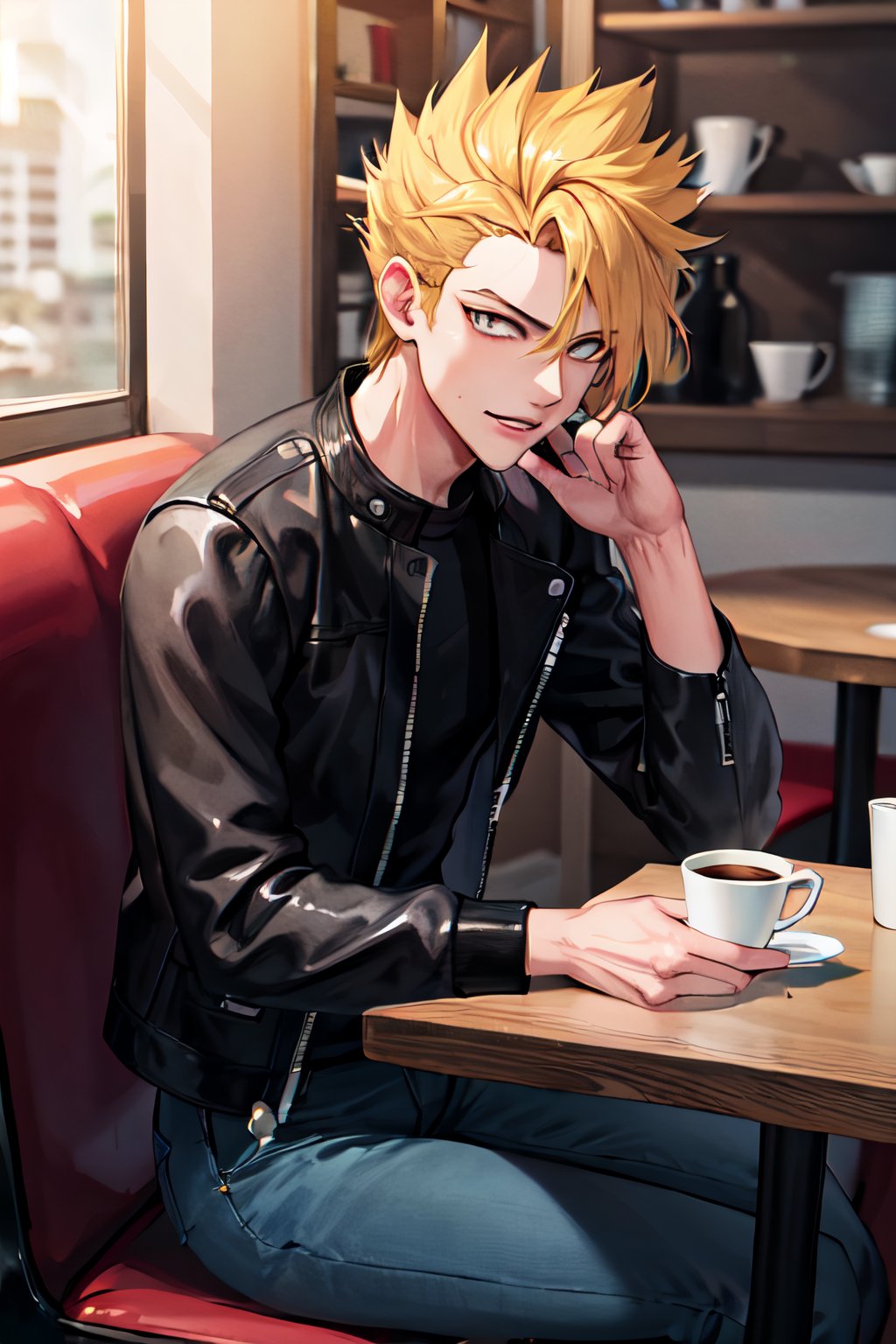 masterpiece, best quality, highres, youichi, 1boy, spiked hair, cowboy shot, leather jacket, sitting, cafe, blonde hair