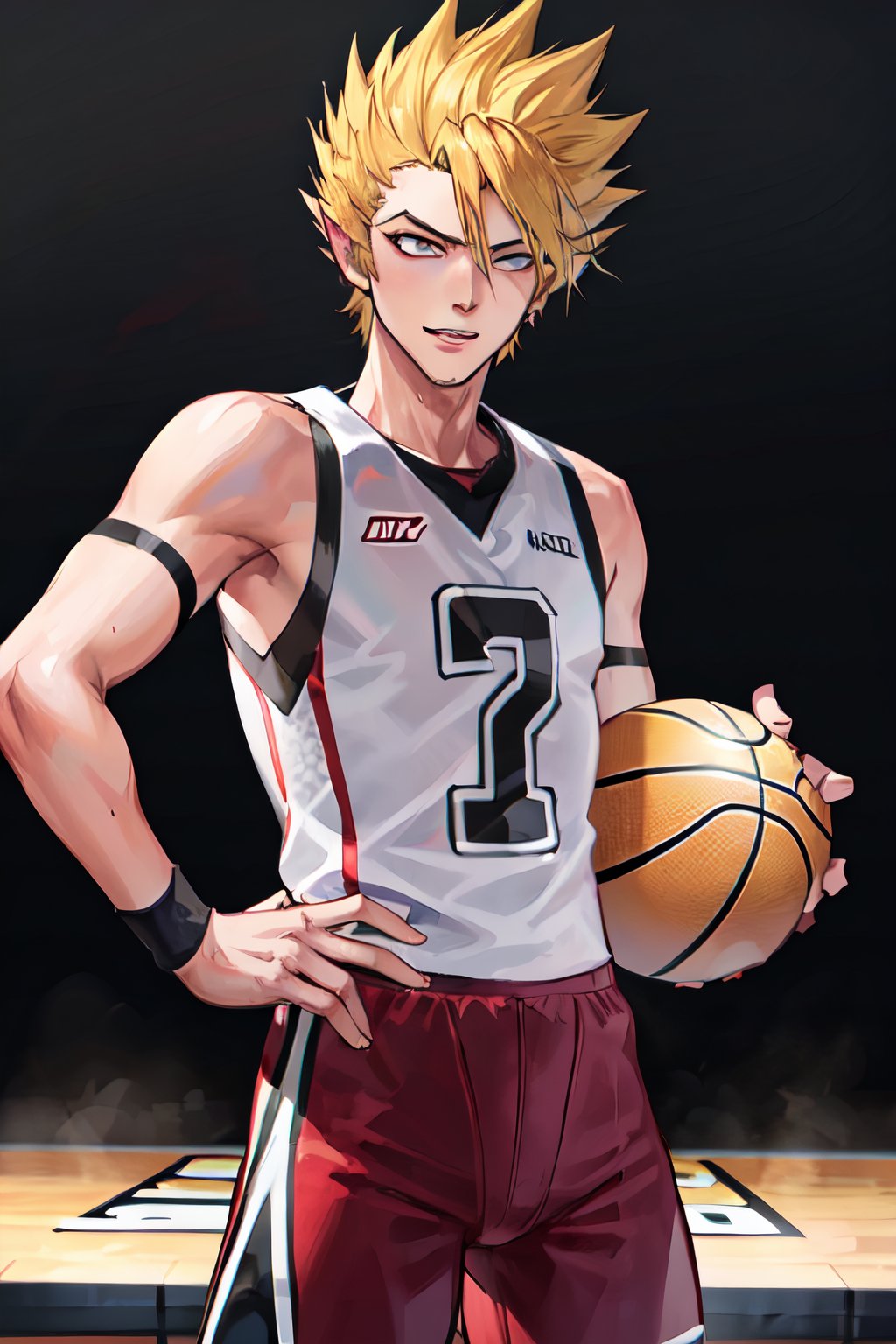 masterpiece, best quality, highres, youichi, 1boy, spiked hair, cowboy shot, basketball, blonde hair