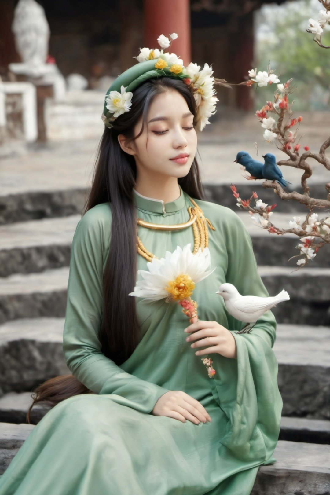 ((masterpiece), (best quality), (highly detailed)), beautiful girl sitting, temple, wearing an aotac, long silky hair blowing in the wind, holding flower, little birds flying around her, aotac, (hair ornament:1.2), Acssessory
