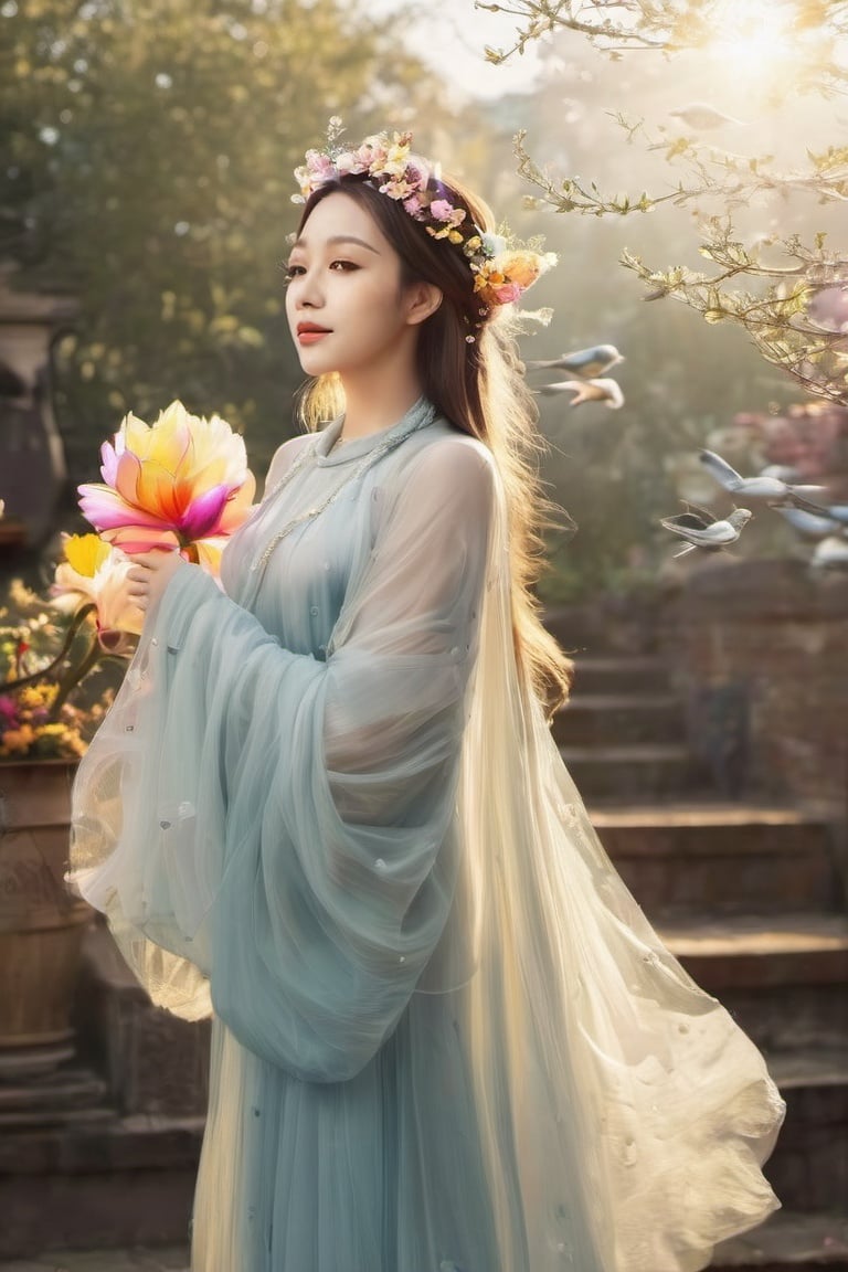((masterpiece), (best quality), (highly detailed)), beautiful girl standing in a fairy scene, wearing an aotac, the sun shining down on her clear skin, creating a dreamy, romantic image, long silky hair blowing in the wind, colorful flower petals and little birds flying around her