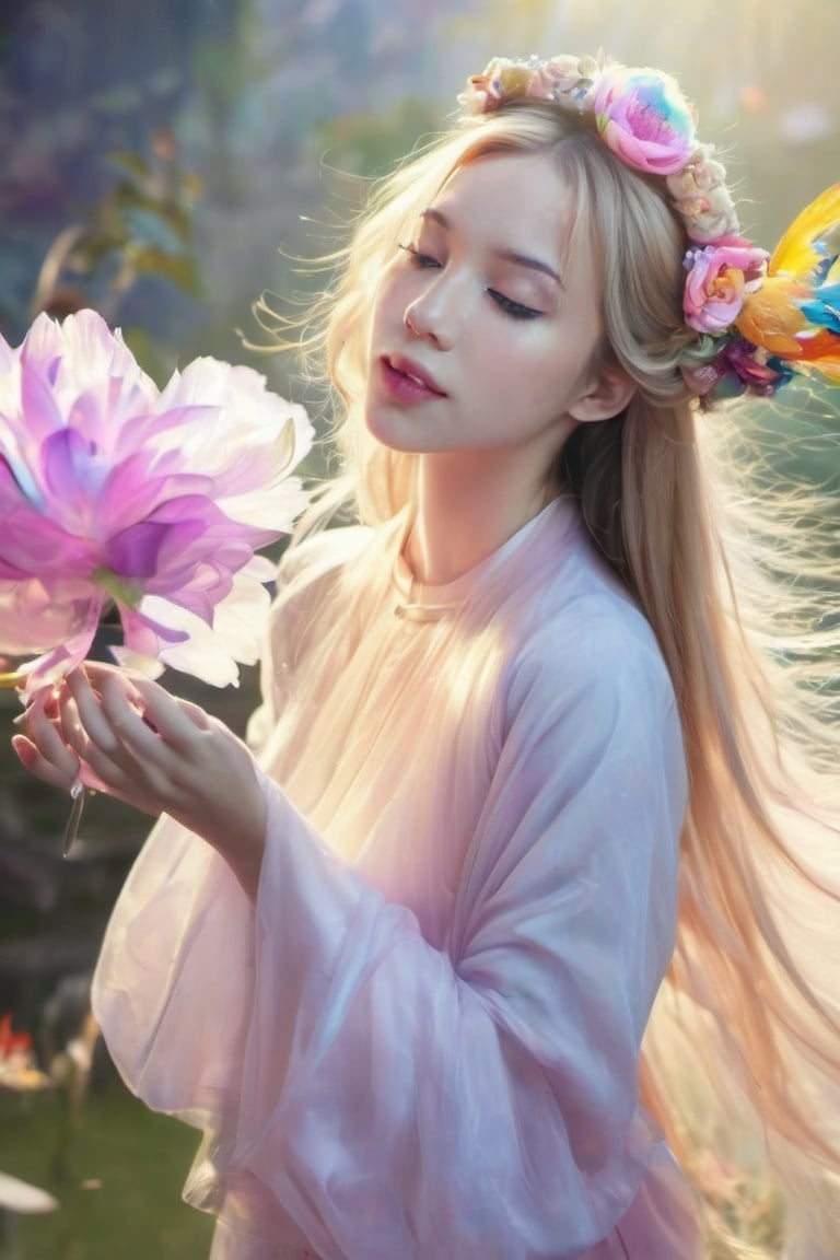 ((masterpiece), (best quality), (highly detailed)), beautiful girl standing in a fairy scene, wearing an aotac, the sun shining down on her clear skin, creating a dreamy, romantic image, long silky hair blowing in the wind, colorful flower petals and little birds flying around her,aotac, (hair ornament:1.2),Acssessory
