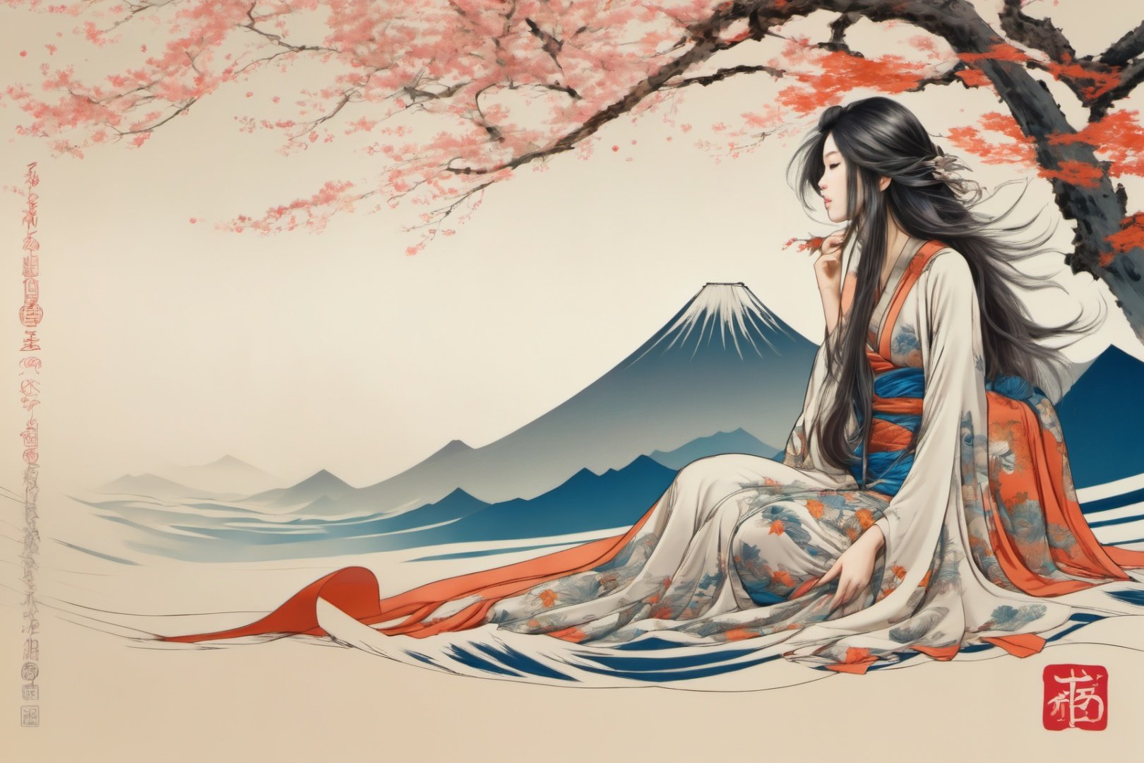 ((masterpiece), (best quality), (highly detailed)), beautiful girl sitting, temple, long silky hair blowing in the wind, holding flower, little birds flying around her, (hair ornament:1.2), Acssessory, wave, ukiyo_e
