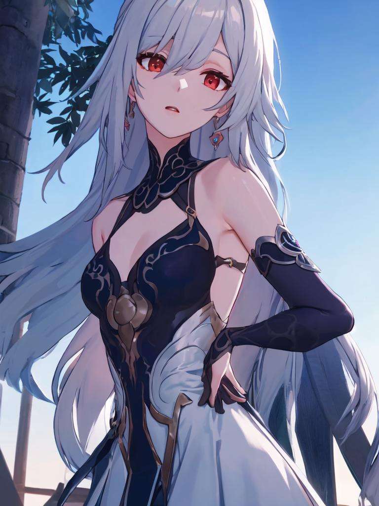 (extremely detailed CG unity 8k wallpaper,masterpiece, best quality, ultra-detailed, beautiful detailed eyes:1.2), 镜流, 1girl, solo, long hair, dress, armpits, bangs, sleeveless dress, grey hair, red eyes, gloves, looking at viewer, hair ornament, sleeveless, hair between eyes, bare shoulders, open mouth, elbow gloves, breasts, night, bamboo  forest, sunset