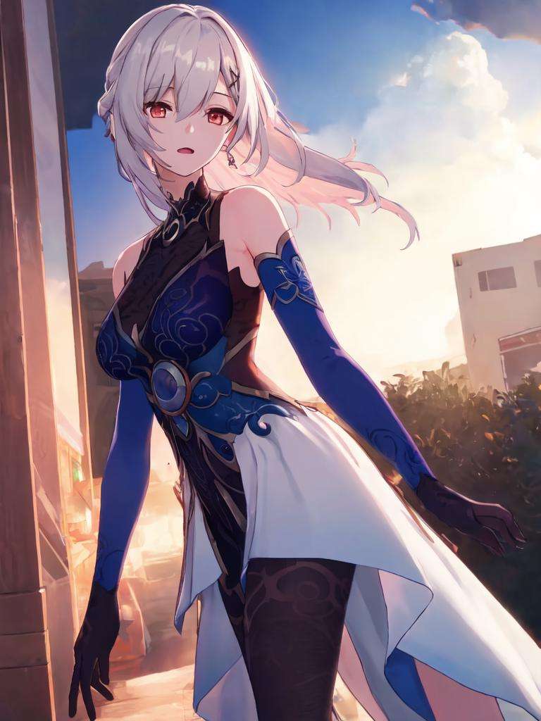 (extremely detailed CG unity 8k wallpaper,masterpiece, best quality, ultra-detailed, beautiful detailed eyes:1.2), 镜流, 1girl, solo, long hair, dress, armpits, bangs, sleeveless dress, grey hair, red eyes, gloves, looking at viewer, hair ornament, sleeveless, hair between eyes, bare shoulders, open mouth, elbow gloves, breasts,  cafe, indoor, dusk